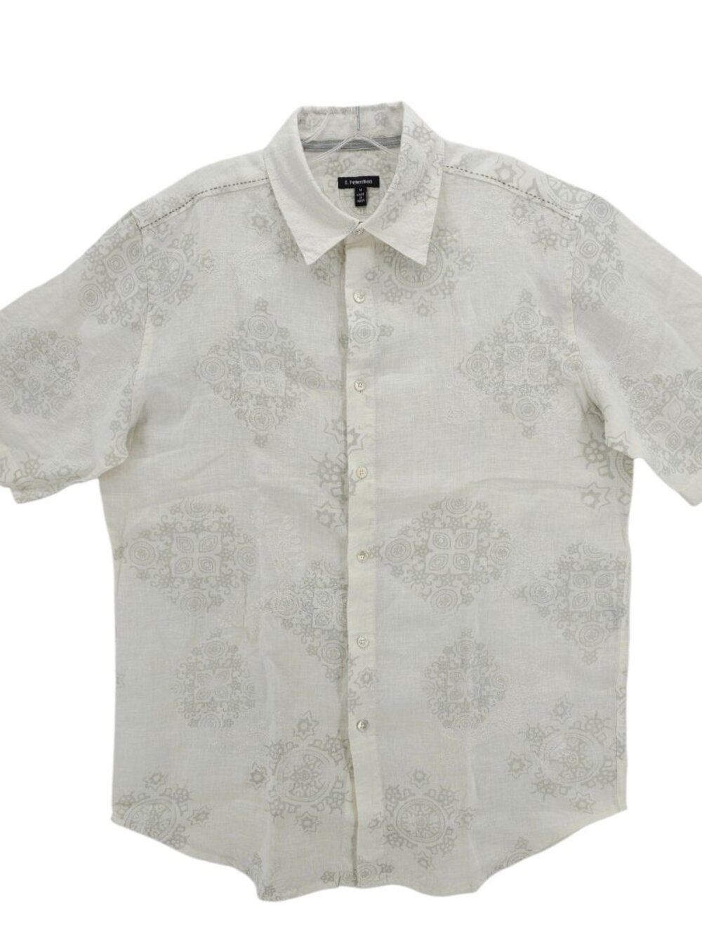 J PETERMAN 100% Linen Men's Shirt Embroidered Short Sleeve EUC Size MEDIUM